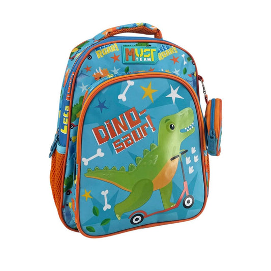 Shop the Must Team 12.5" Dinosaur on Scooter Backpack for toddlers! Ideal for daycare and preschool featuring padded straps, side bottle pocket, and cute dino graphics.