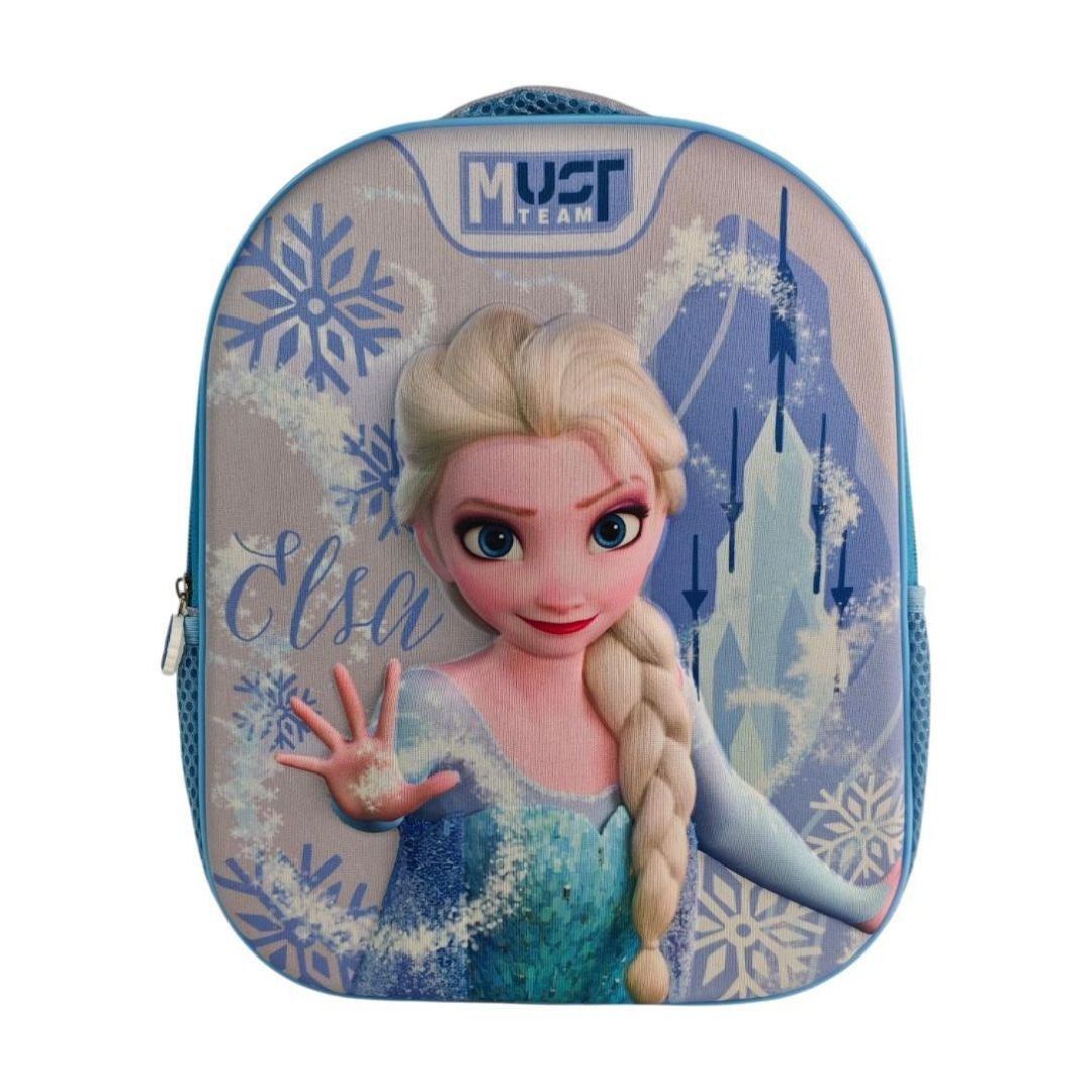A children's school backpack featuring Elsa from Frozen, with a light blue and white winter design, snowflakes, and the text 'Elsa' and 'MUST TEAM' on the front.