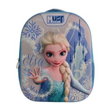A children's school backpack featuring Elsa from Frozen, with a light blue and white winter design, snowflakes, and the text 'Elsa' and 'MUST TEAM' on the front.