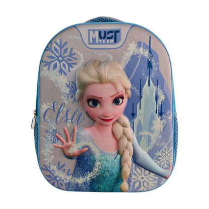 A children's school backpack featuring Elsa from Frozen, with a light blue and white winter design, snowflakes, and the text 'Elsa' and 'MUST TEAM' on the front.