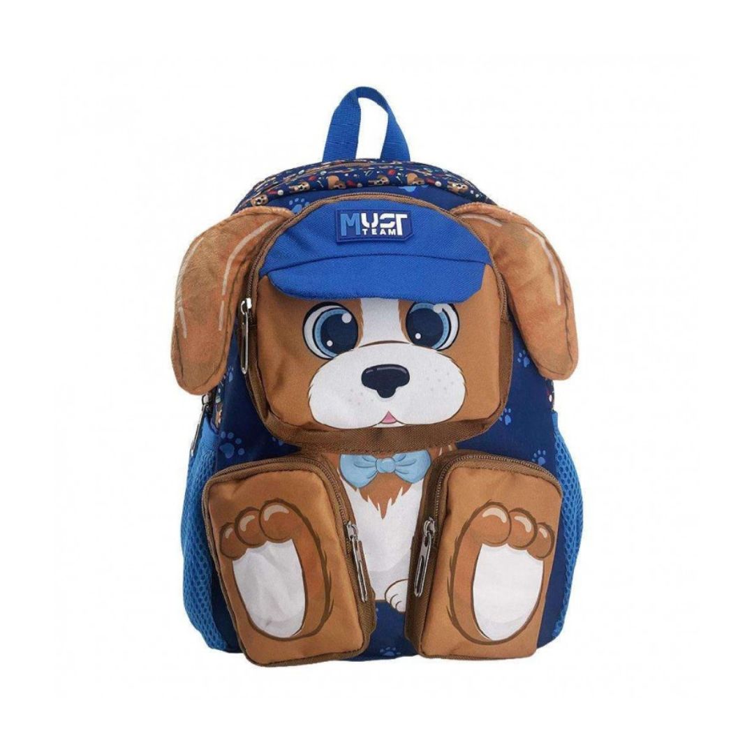 A children's backpack shaped like a cartoon dog, featuring brown floppy ears, a blue cap with 'NYT' on it, a white face, and blue paw-print front pockets, shown on a plain white background.