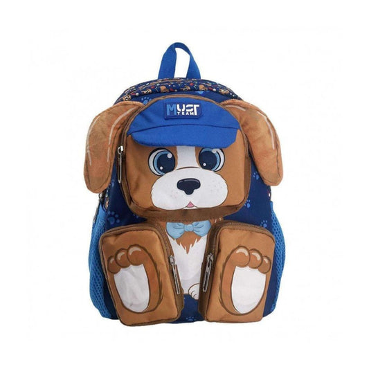 A children's backpack shaped like a cartoon dog, featuring brown floppy ears, a blue cap with 'NYT' on it, a white face, and blue paw-print front pockets, shown on a plain white background.