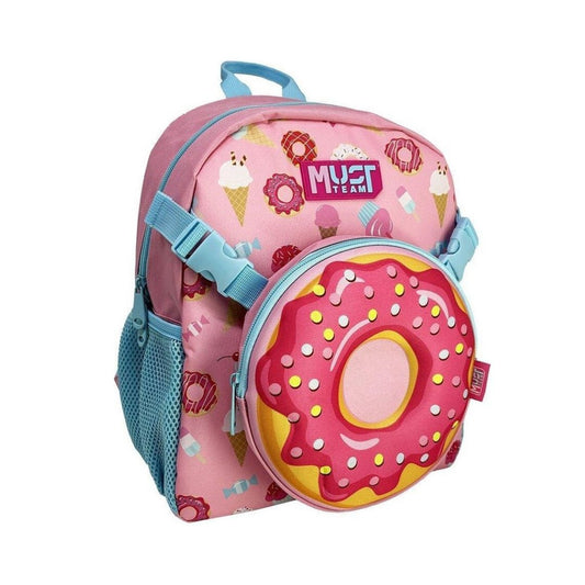 Pink children's backpack with a donut-shaped lunch bag, decorated with colorful ice cream and donut illustrations. The backpack features a pink body, light blue straps and mesh pocket, and a prominent donut accessory in front.