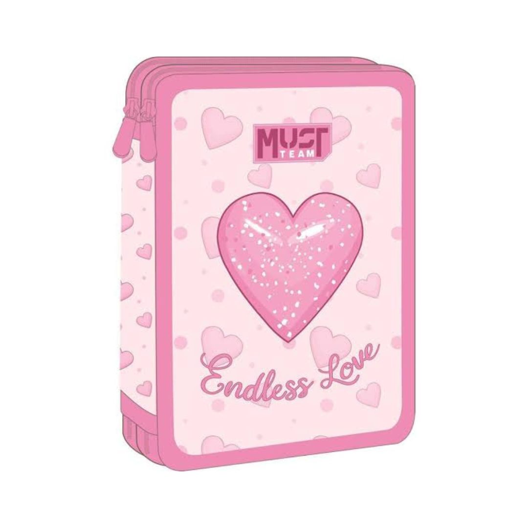Pink zippered notebook or planner cover with a glittery heart design, 'MUST TEAM' logo, and 'Endless Love' text on a white background.