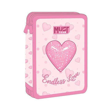 Pink zippered notebook or planner cover with a glittery heart design, 'MUST TEAM' logo, and 'Endless Love' text on a white background.