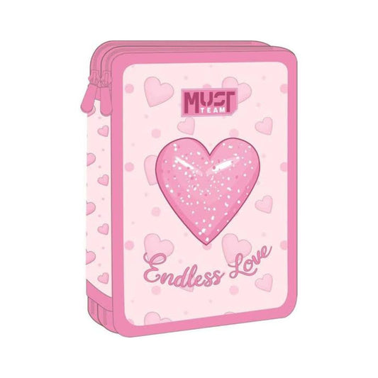 Pink zippered notebook or planner cover with a glittery heart design, 'MUST TEAM' logo, and 'Endless Love' text on a white background.