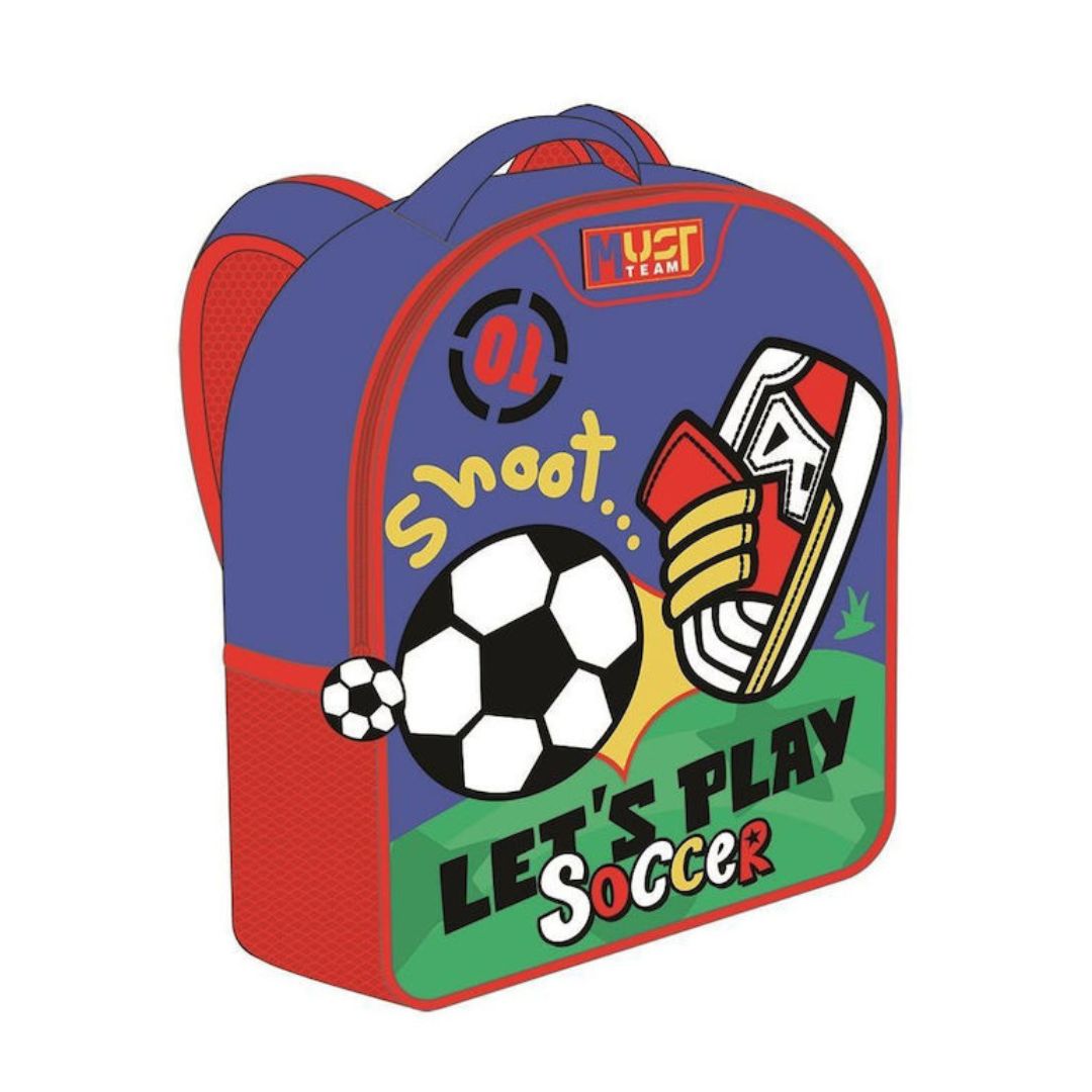 A blue and red soccer-themed lunch bag with cartoon graphics including a soccer ball, a cleat, and the text 'LET'S PLAY SOCCER' and 'SHOOT.