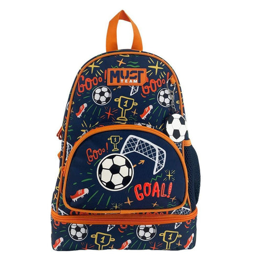 Shop the Must Team 14.5" Football Backpack! Features a built-in isothermal thermal lunch case, padded ergonomic straps, mesh bottle pocket, and durable polyester.