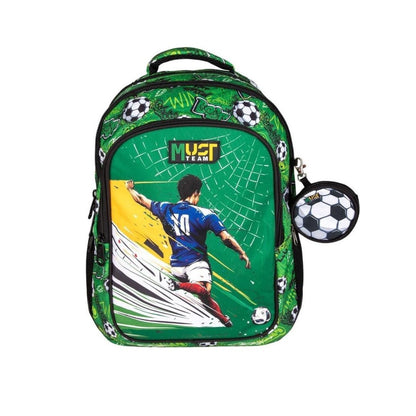 A green school backpack with a soccer-themed graphic print featuring a player and soccer balls, accompanied by a matching small zippered pouch on the side.