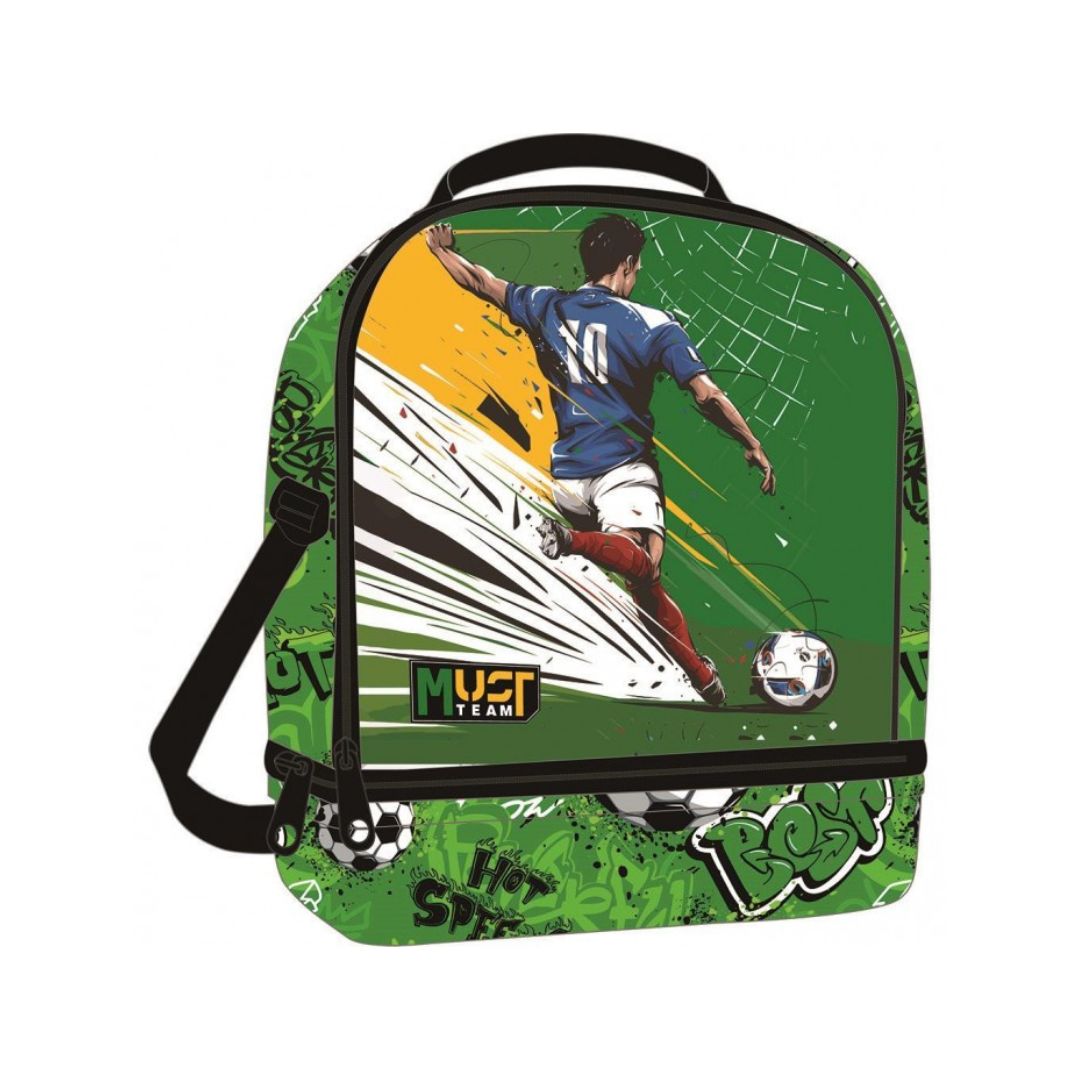A green soccer-themed lunch bag featuring a graphic of a football player kicking a ball, with 'MUST TEAM' and 'ROSY' text on the front, set against a plain white background.