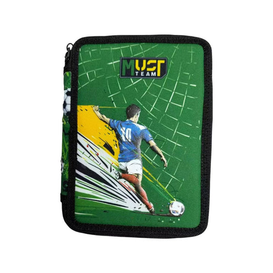 A green soccer-themed zippered pouch featuring a graphic of a soccer player kicking a ball, with the text 'MUST TEAM' at the top, set against a plain white background.