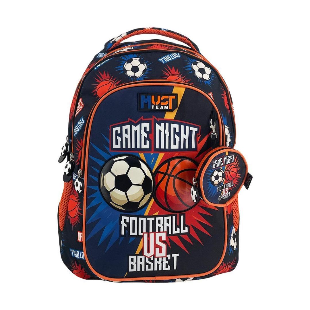 A dark blue and orange sports backpack with a matching round pouch, featuring a 'Game Night Football vs Basketball' design with soccer and basketball graphics on a white background.