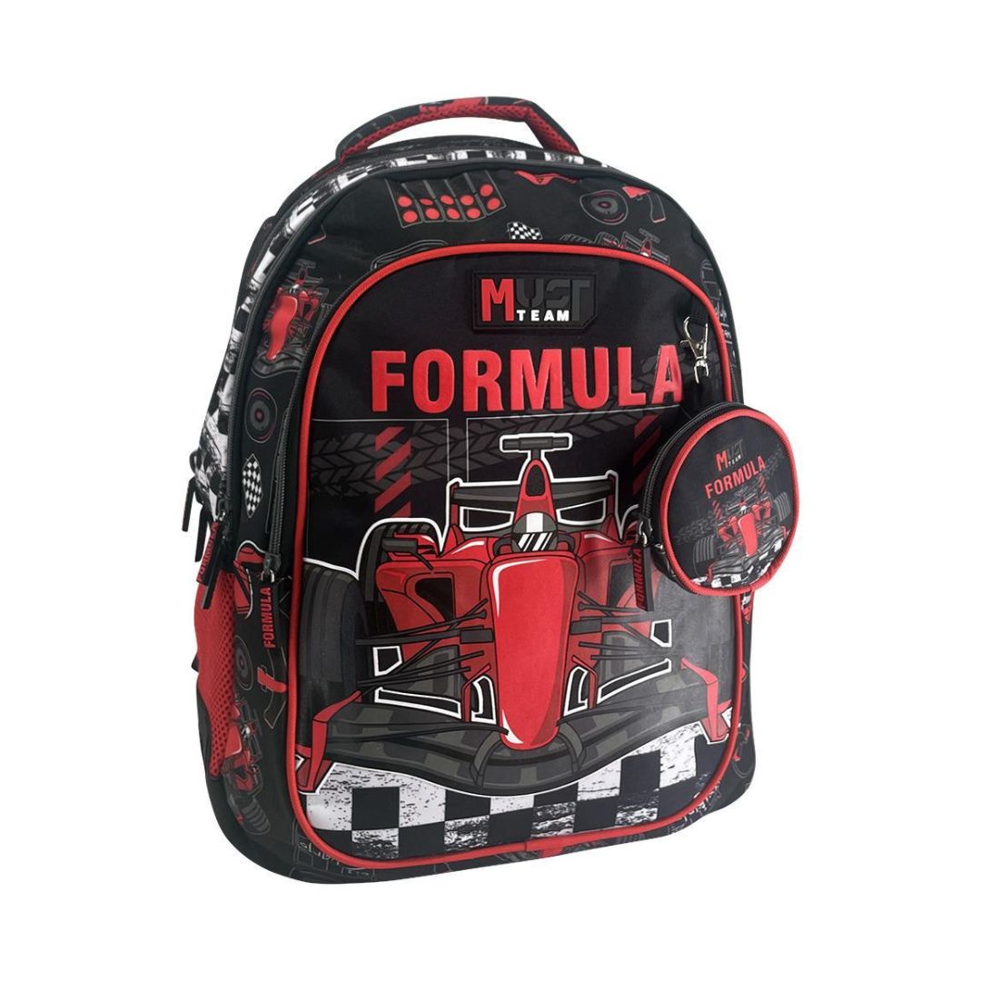 A black and red Formula 1 themed backpack with a matching round pouch, featuring a graphic of an F1 race car and 'MUSC TEAM FORMULA' text on a white background.