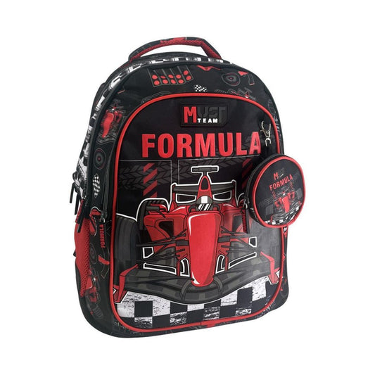 A black and red Formula 1 themed backpack with a matching round pouch, featuring a graphic of an F1 race car and 'MUSC TEAM FORMULA' text on a white background.