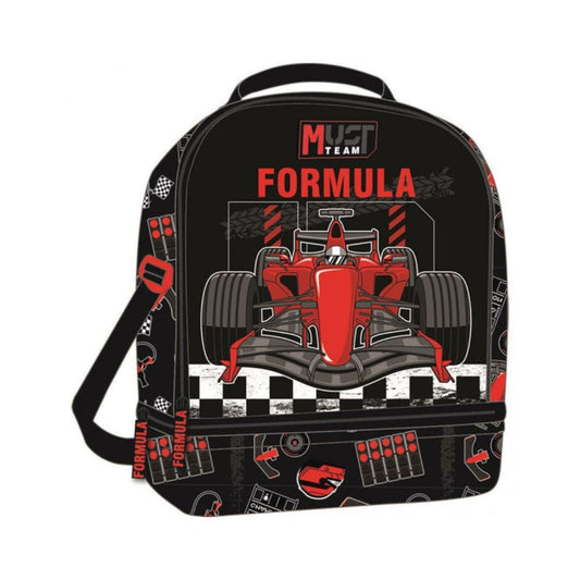 A black backpack featuring a red and gray Formula 1 race car graphic, with 'FORMULA' text and 'MUSC TEAM' branding on the front, shown on a plain white background.