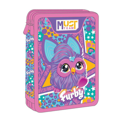 A pink zippered pencil case featuring a colorful cartoon Furby design on the front and side, with 'MUST TEAM' branding at the top, shown on a plain white background.