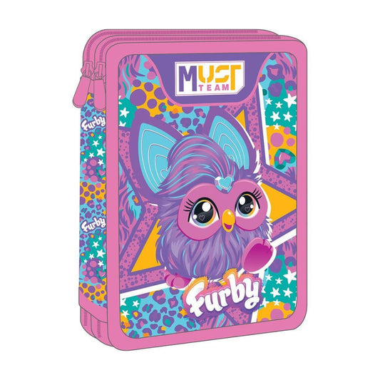 A pink zippered pencil case featuring a colorful cartoon Furby design on the front and side, with 'MUST TEAM' branding at the top, shown on a plain white background.