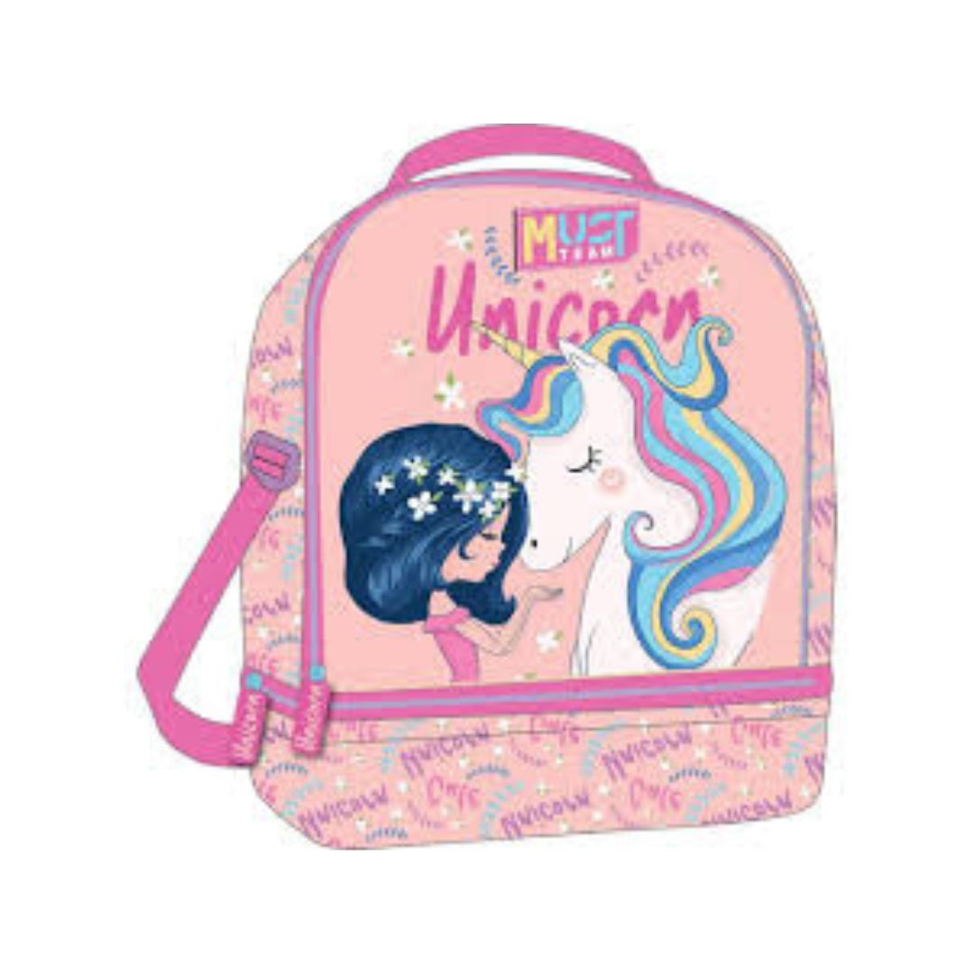 A pink school backpack featuring a cartoon illustration of a girl with dark blue hair and a white unicorn with a rainbow mane. The text 'Must Love Unicorn' is printed on the front, and the bag has pink handles and straps.