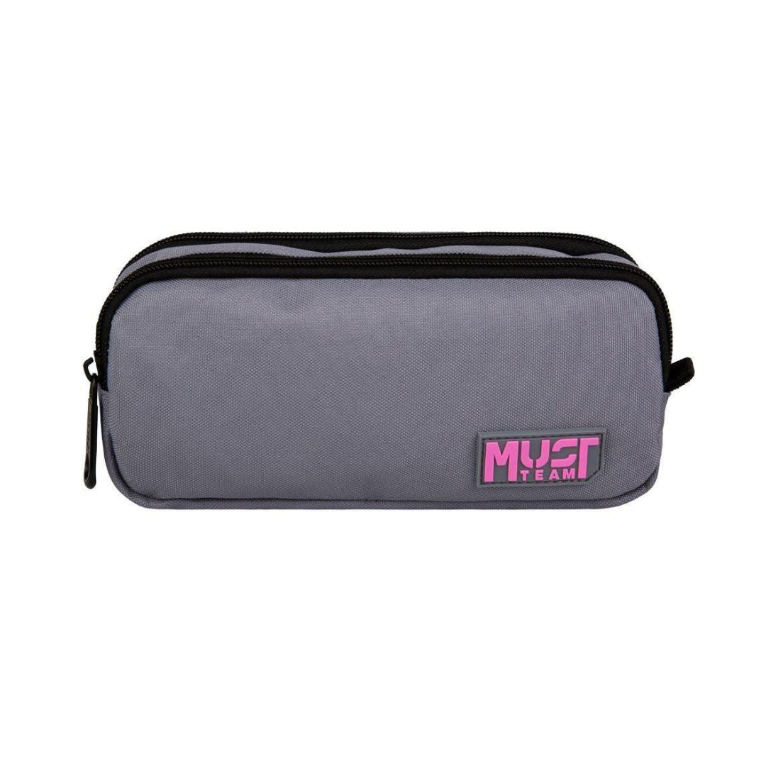 A gray dual-zip pencil case with a pink and black 'MUST TEAM' logo patch on the front, shown against a plain white background.