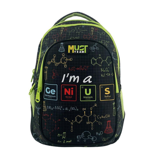 Shop the Must Team Compact "I Am A Genius" 3-compartment school backpack (39x27x17 cm)! Features 18L capacity, ergonomic straps, and protective side guards.