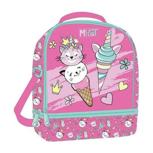 A pink children's backpack with a cartoon cat and ice cream cone design, turquoise trim, and a patterned bottom panel, shown on a plain white background.