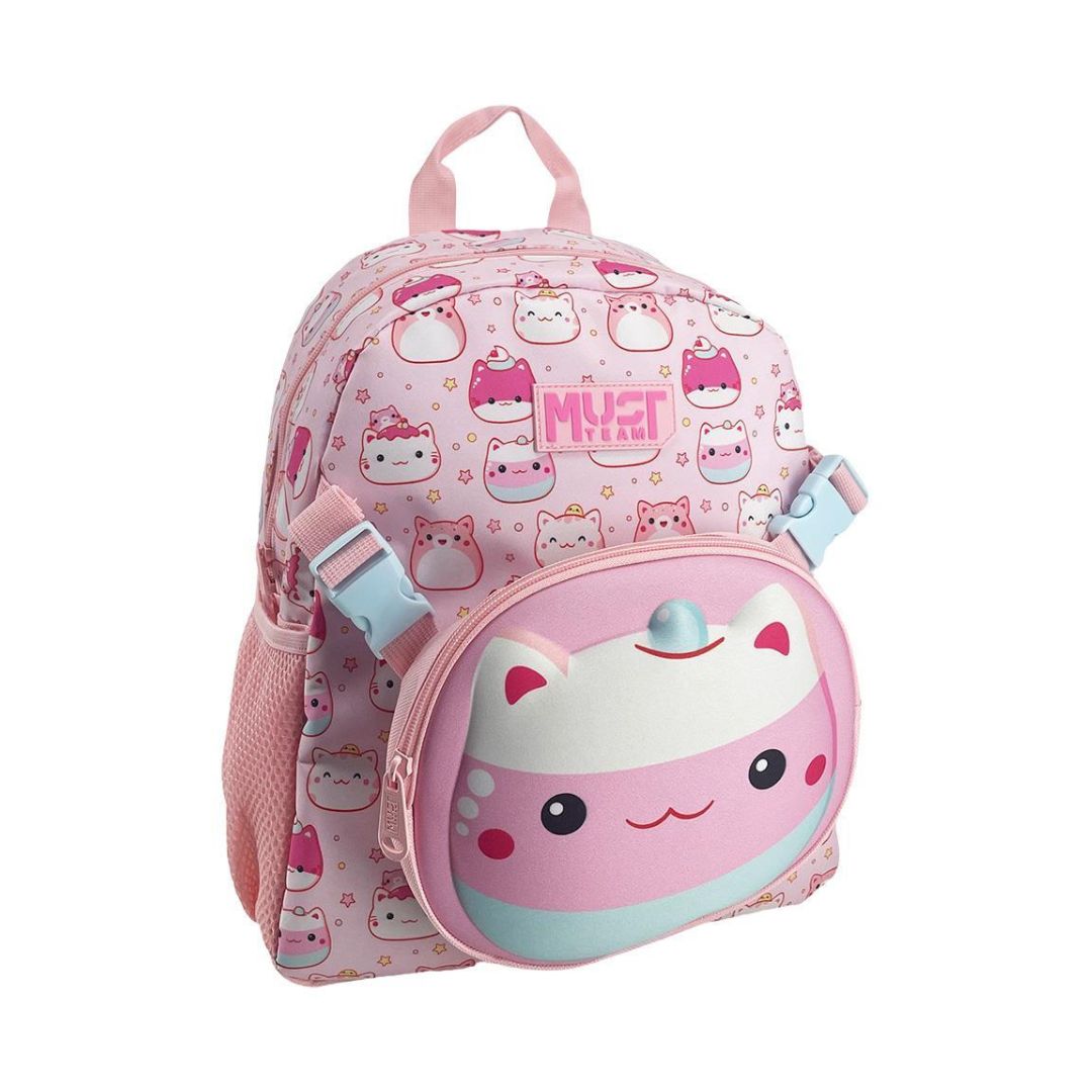 A pink children's backpack featuring a repeating pattern of cute cartoon characters and a large matching round front pouch with a kawaii face. The brand name 'MYST' is printed on a pink patch on the upper front.