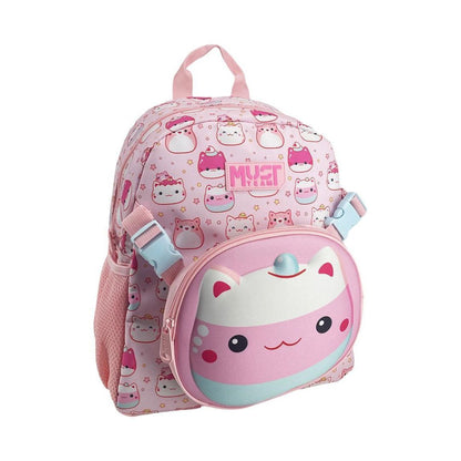 A pink children's backpack featuring a repeating pattern of cute cartoon characters and a large matching round front pouch with a kawaii face. The brand name 'MYST' is printed on a pink patch on the upper front.