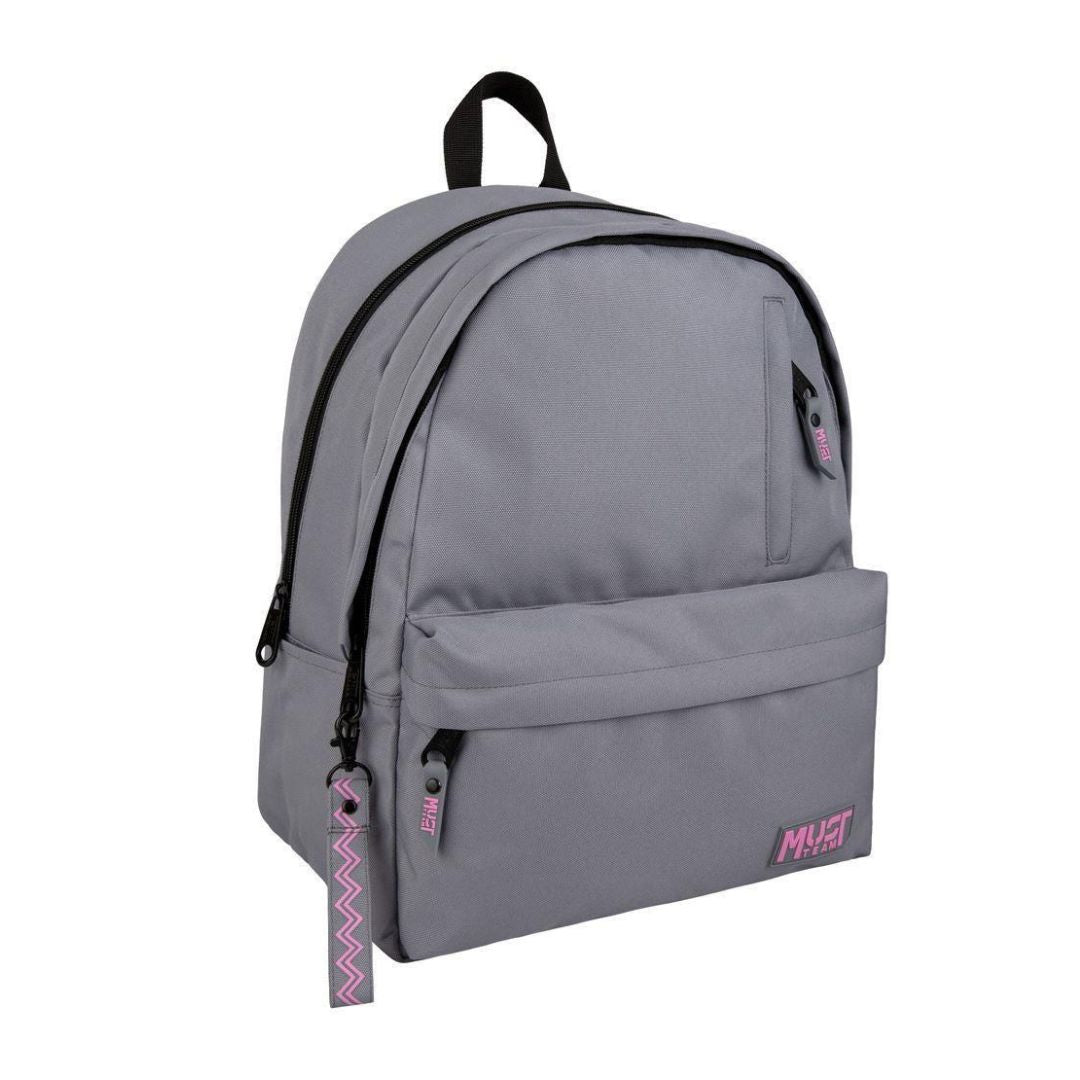 Shop the Must Team Monochrome 17" Light Grey w/ Pink 2-Compartment Backpack! Features modern grey/pink styling, 2 zippered cases, ergonomic padded straps, and durable fabric.