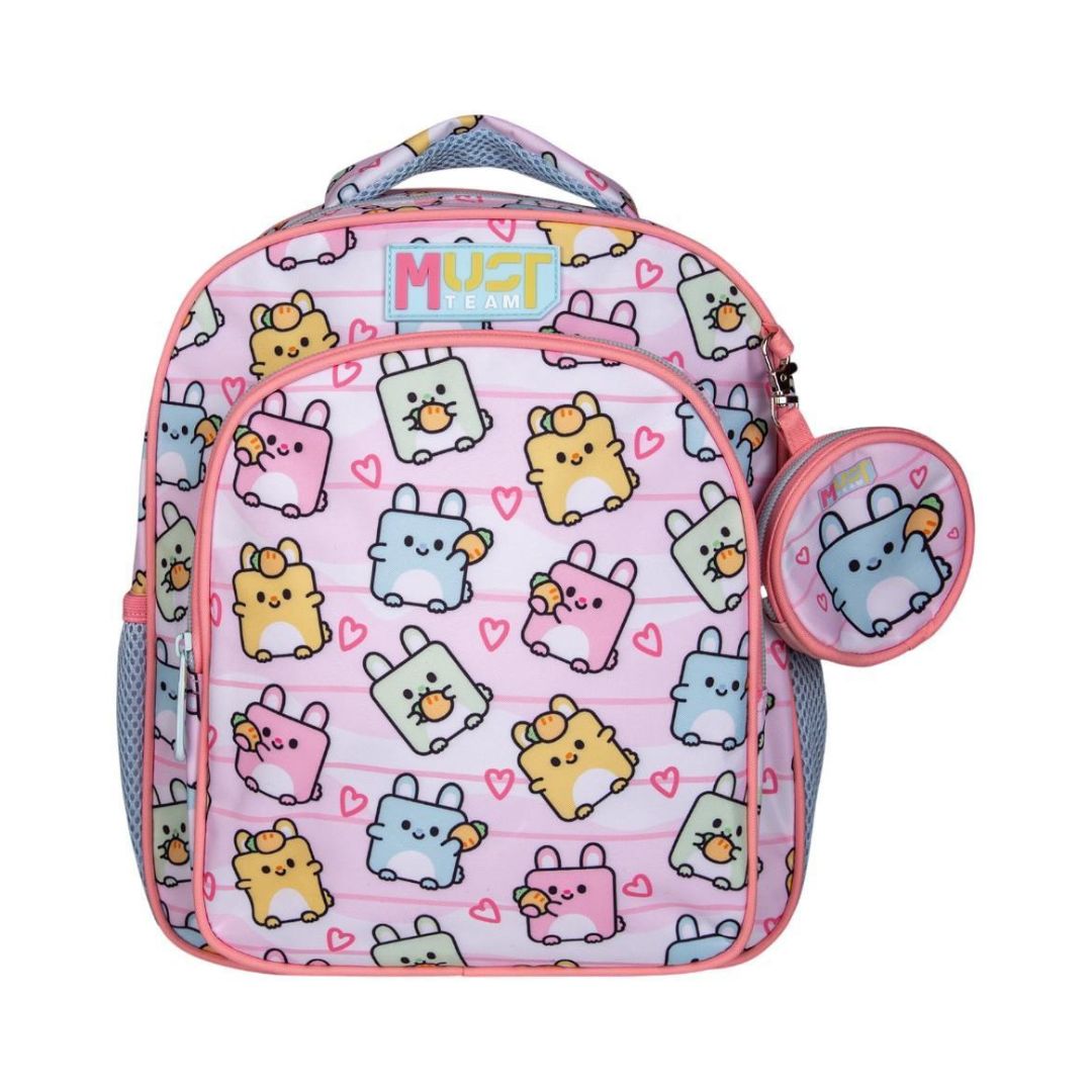 A pink school backpack with a matching round pencil case, featuring a cute cartoon character pattern in pastel colors on a white background.