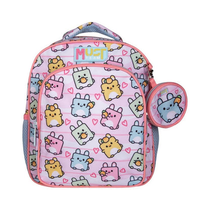 A pink school backpack with a matching round pencil case, featuring a cute cartoon character pattern in pastel colors on a white background.