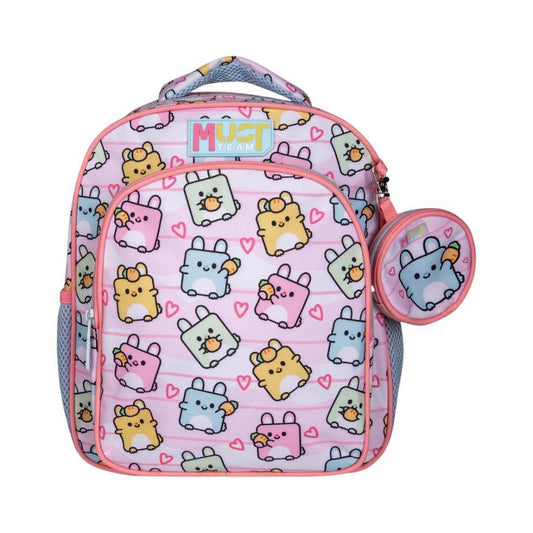 A pink school backpack with a matching round pencil case, featuring a cute cartoon character pattern in pastel colors on a white background.