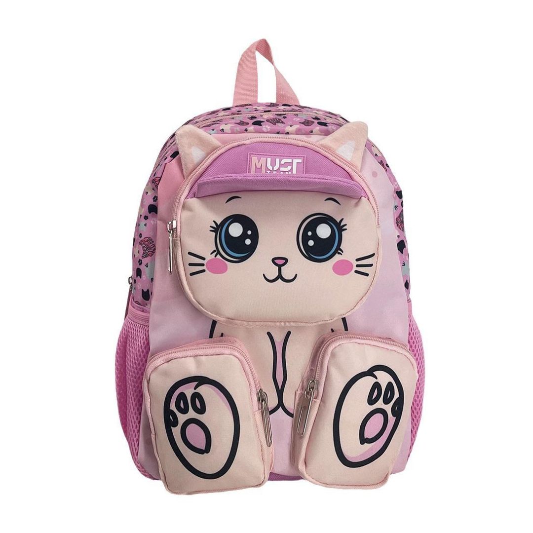A pink and beige cat-themed backpack with a large cartoon cat face on the front pocket, paw-print details, and a pink top handle, shown against a plain white background.