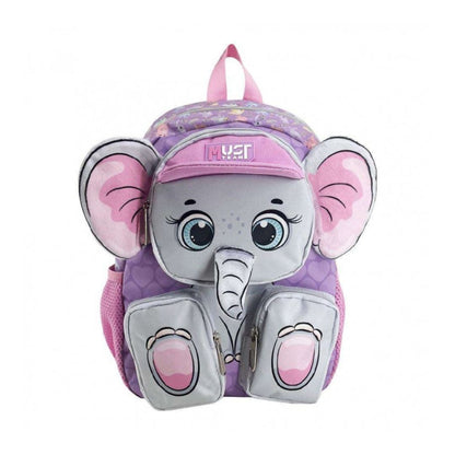 Pink elephant-shaped backpack with a visible brand logo on a white background