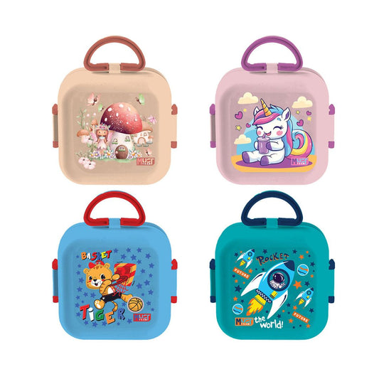 Four children's lunch bags arranged in a 2x2 grid on a white background, each with a different cartoon design: a mushroom house scene, a unicorn, a tiger, and rockets. The bags are peach, pink, blue, and teal, with matching colored handles and side latches.