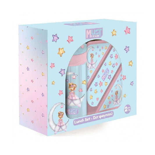A boxed lunch set in pastel packaging, featuring a light blue box with pink and lavender gradient sides, star illustrations, and a clear window showing a matching water bottle and lunch bag with fairy artwork.
