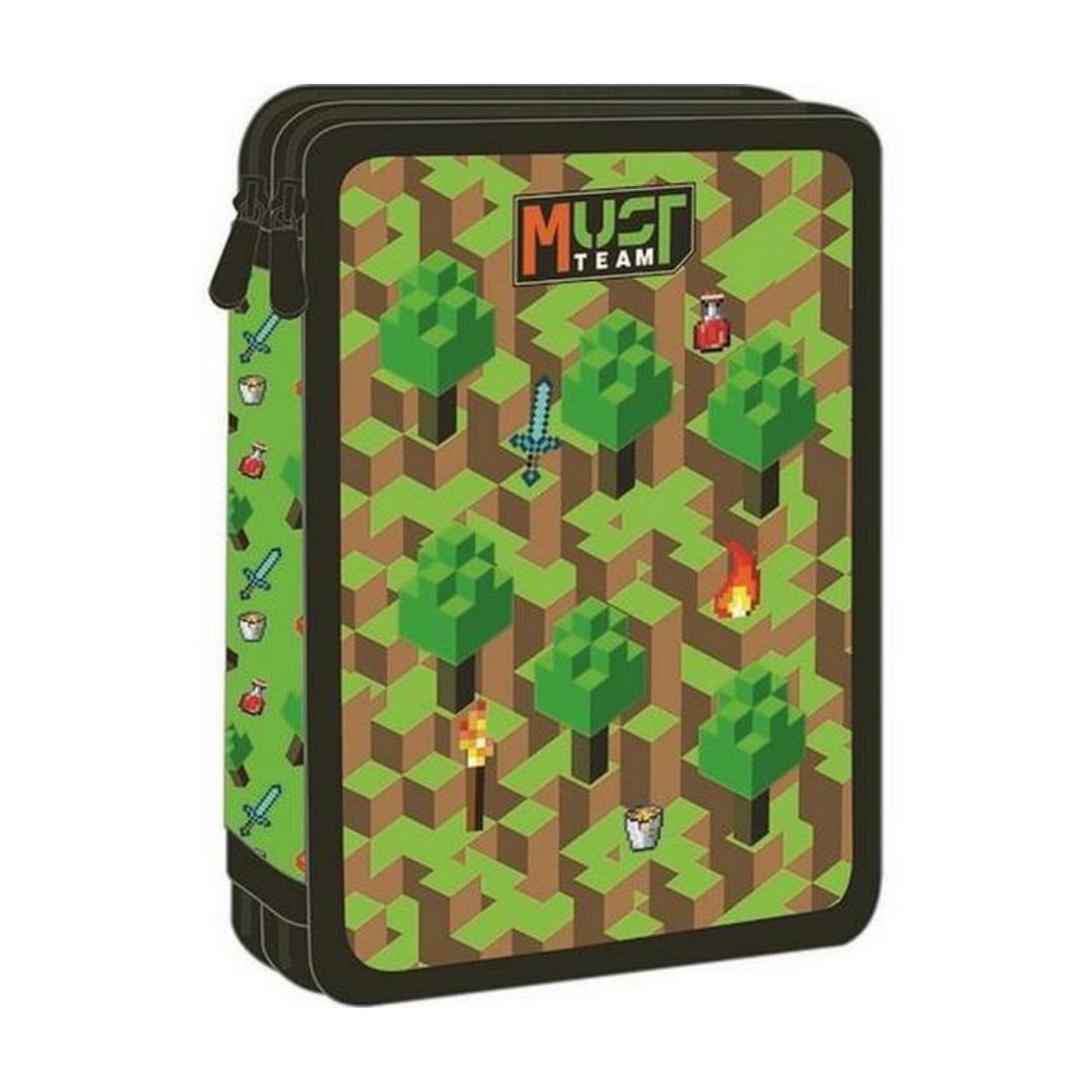 A Minecraft-themed card file folder with a green and brown isometric forest pattern, featuring the 'Minecraft Team' logo on the front cover.