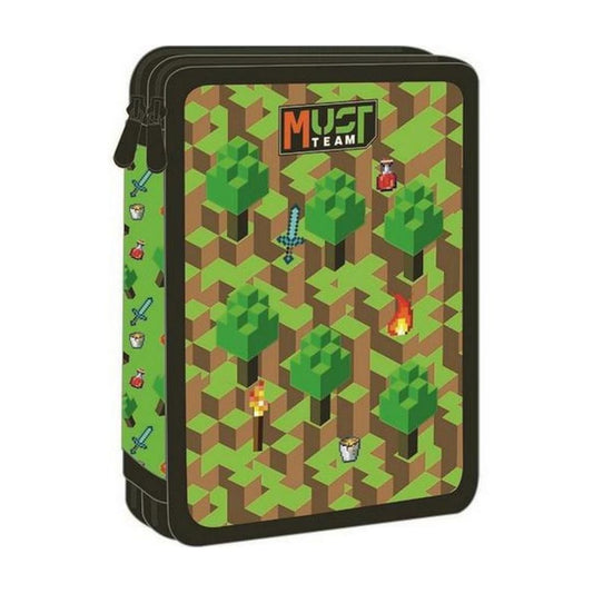 A Minecraft-themed card file folder with a green and brown isometric forest pattern, featuring the 'Minecraft Team' logo on the front cover.