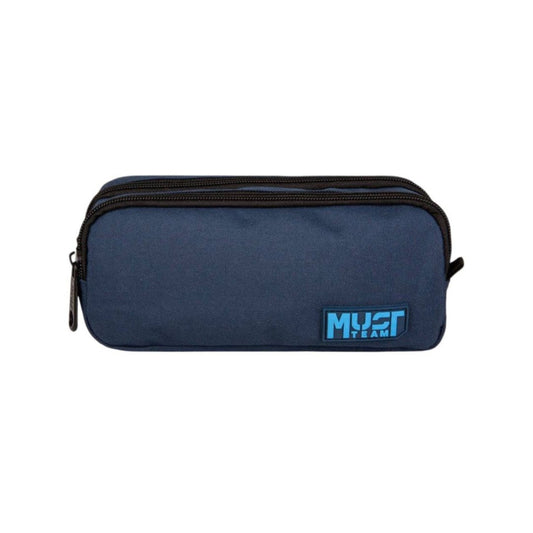 A navy blue fabric pencil case with a black zipper and a blue and white 'MUST TEAM' logo patch on the front, shown against a plain white background.