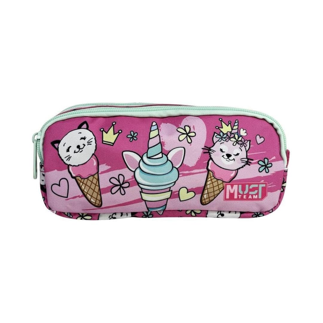 A pink zippered pencil case featuring a whimsical cartoon design of two white cats in ice cream cones, a unicorn swirl, hearts, flowers, and crowns. The brand name 'MUST' is printed on the bottom right.