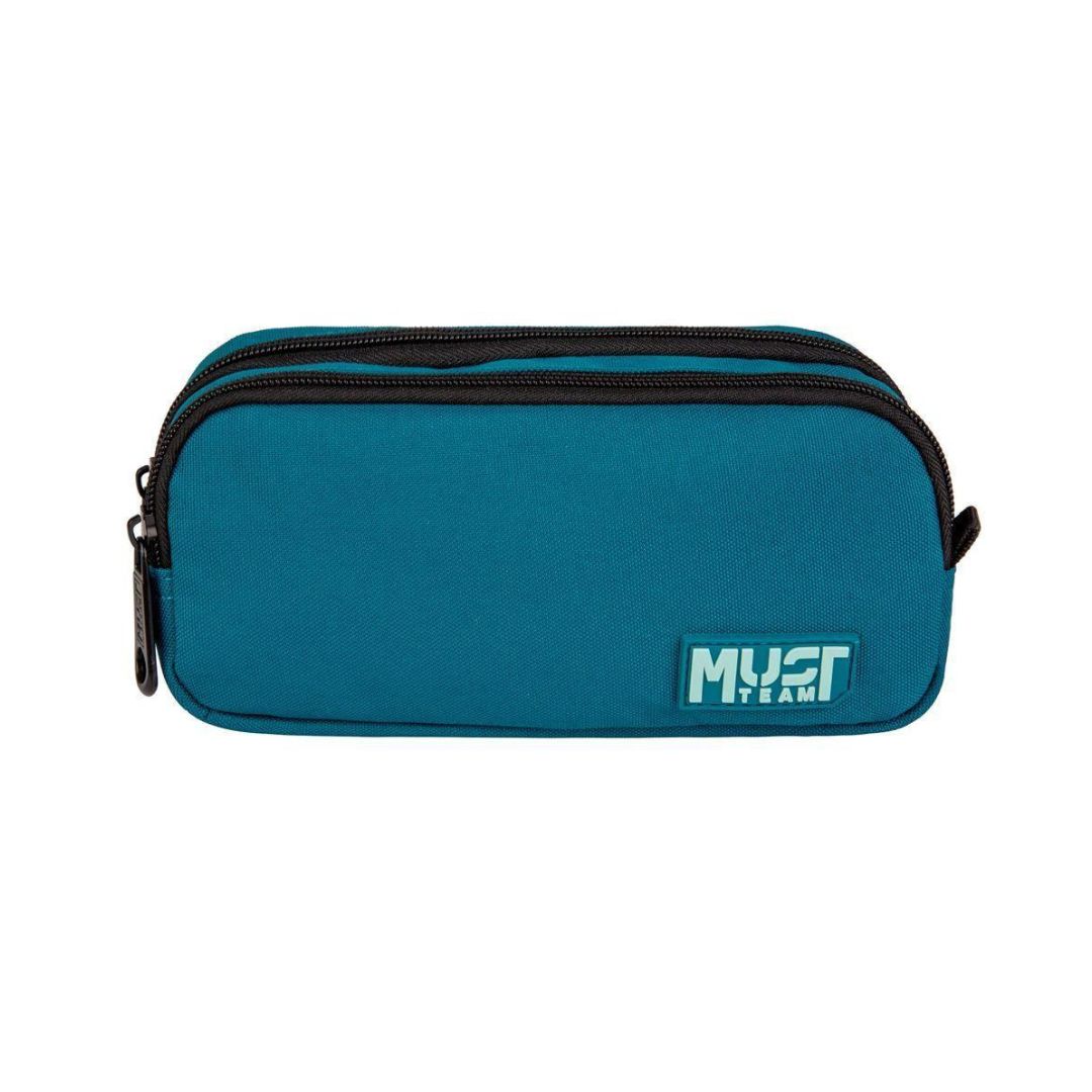 A teal blue double-zipper pouch with a black zipper and a white 'MUST BEAST' logo patch on the front, shown against a plain white background.