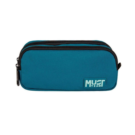 A teal blue double-zipper pouch with a black zipper and a white 'MUST BEAST' logo patch on the front, shown against a plain white background.