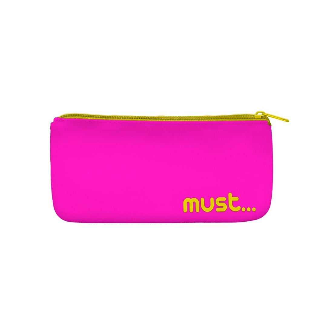 A bright pink zippered pouch with a neon yellow zipper and 'must.