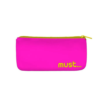 A bright pink zippered pouch with a neon yellow zipper and 'must.