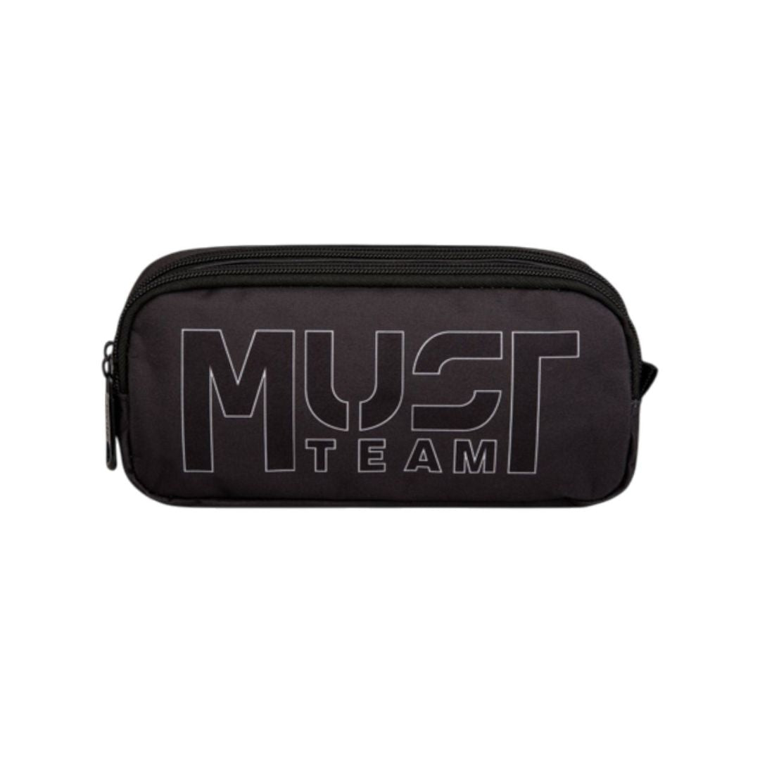 A black zippered pouch with a large white outlined 'MUST TEAM' logo on the front, shown against a plain white background.