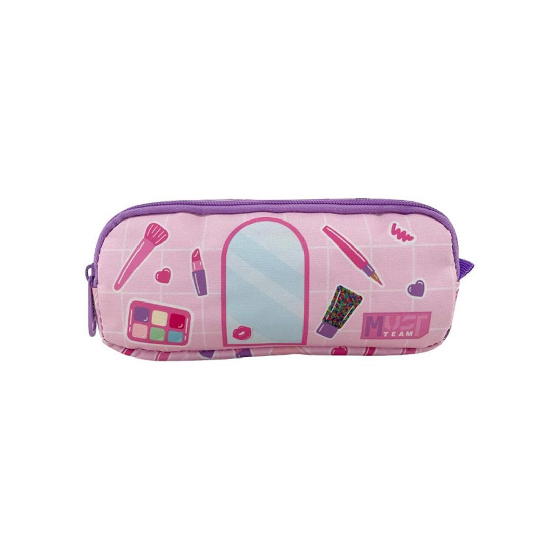 A pink makeup pencil case with a purple zipper, decorated with illustrations of cosmetics, a mirror, and hearts, on a plain white background.