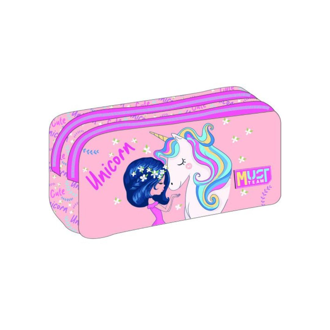 A pink double-zipper pencil case featuring a cartoon unicorn and a girl with dark blue hair, with the text 'Unicorn' and 'MUST STAND'.