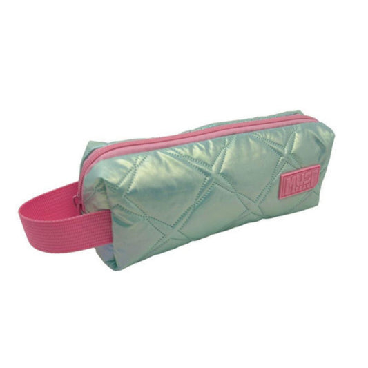 A metallic mint green quilted pencil pouch with a pink zipper, pink elastic strap, and a pink 'MUST' brand patch on the side, shown against a plain white background.