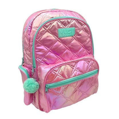A pink iridescent quilted backpack with mint green zipper accents, a mint green brand patch, and a matching mint green pom-pom charm, shown on a plain white background.