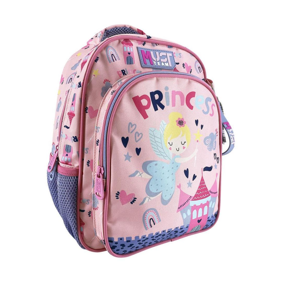 A pink children's backpack with a 'Princess' theme, featuring a cartoon fairy, castle, and stars, with a 'Must Win' label on the top front.