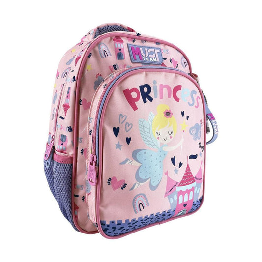 A pink children's backpack with a 'Princess' theme, featuring a cartoon fairy, castle, and stars, with a 'Must Win' label on the top front.